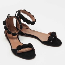 Pre Owned Alaia Black Suede Bombe Ankle Strap Flat Sandals Size 38.5