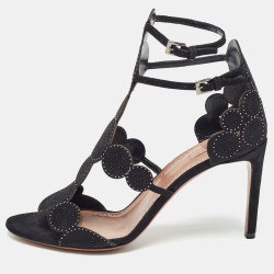 Black Suede Crystal Embellished Ankle Strap Sandals