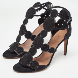 Pre Owned Alaia Black Suede Crystal Embellished Ankle Strap Sandals Size 38.5