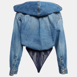 Pre Owned Alaia Blue Denim Plunge Neck Hooded Bodysuit S