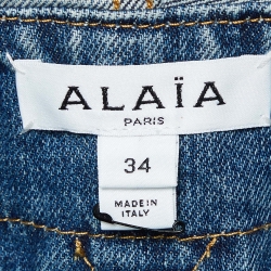Pre Owned Alaia Blue Denim Plunge Neck Hooded Bodysuit S