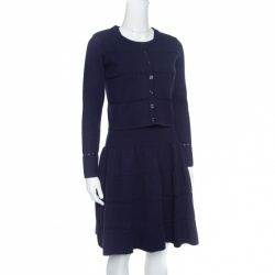 Pre Owned Alaia Navy Blue Wool Blend Cropped Cardigan and Flared Dress Set M