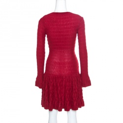 Pre Owned Alaia Red Chenille Wool Patterned Long Sleeve Skater Dress M