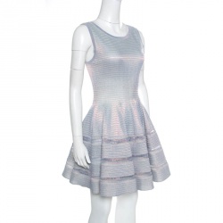 Pre Owned Alaia Silver Striped Knit Sleeveless Fit and Flare Dress M