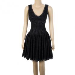 Pre Owned Azzedine Alaia Black Striped Stretch-Knit Dress S