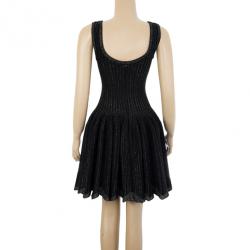 Pre Owned Azzedine Alaia Black Striped Stretch-Knit Dress S