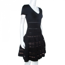 Pre Owned Alaia Black Textured Pointelle Knit Fit and Flare Dress M