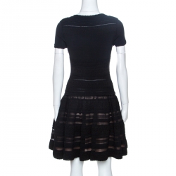 Pre Owned Alaia Black Textured Pointelle Knit Fit and Flare Dress M