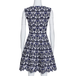 Pre Owned Alaia Blue and White Wool Jacquard Knit Scalloped Hem Dress S