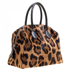 Alaia Beige/Black Leopard Print Calfhair and Snakeskin Satchel