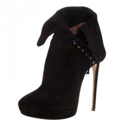 Alaia Black Suede Ankle Cuff Side Lace Up Boots Size 38