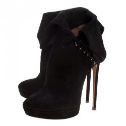 Alaia Black Suede Ankle Cuff Side Lace Up Boots Size 38