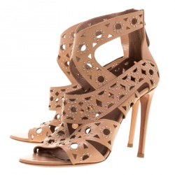 Pre Owned Alaia Beige Studded Leather Peep Toe Cutout Sandals Size 36