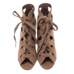 Alaia Beige Cut Out Suede Lace Up Peep Toe Ankle Booties Size 36.5