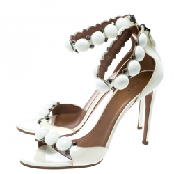 Alaia White Patent Leather Bombe Stud Embellished Open Toe Sandals Size 41
