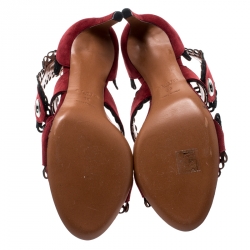 Pre Owned Alaia Maroon Suede Scallop Trim Eyelet Embellished Ankle Cuff Sandals Size 38