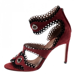 Pre Owned Alaia Maroon Suede Scallop Trim Eyelet Embellished Ankle Cuff Sandals Size 38