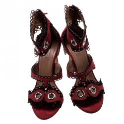Pre Owned Alaia Maroon Suede Scallop Trim Eyelet Embellished Ankle Cuff Sandals Size 38