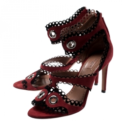 Pre Owned Alaia Maroon Suede Scallop Trim Eyelet Embellished Ankle Cuff Sandals Size 38