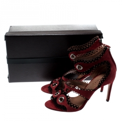Pre Owned Alaia Maroon Suede Scallop Trim Eyelet Embellished Ankle Cuff Sandals Size 38