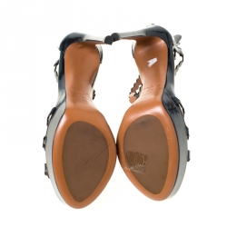 Pre Owned Alaia Dark Green Laser Cut  Leather T Strap Platform Sandals Size 37.5