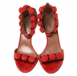 Alaia Red Suede Bombe Stud Embellished Open Toe Sandals Size 38.5