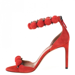 Alaia Red Suede Bombe Stud Embellished Open Toe Sandals Size 38.5