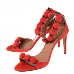 Alaia Red Suede Bombe Stud Embellished Open Toe Sandals Size 38.5