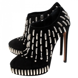 Pre Owned Alaia Black Suede Embellished Platform Ankle Boots Size 36