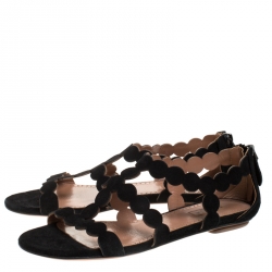 Alaia Black Laser Cut Suede Open Toe Flat Sandals Size 36