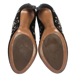 Pre Owned Alaia Black/Gold Lasercut Suede and Patent Leather Studded Ankle Boots Size 40