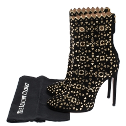 Pre Owned Alaia Black/Gold Lasercut Suede and Patent Leather Studded Ankle Boots Size 40