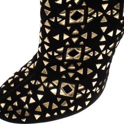 Pre Owned Alaia Black/Gold Lasercut Suede and Patent Leather Studded Ankle Boots Size 40