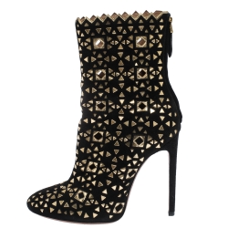 Pre Owned Alaia Black/Gold Lasercut Suede and Patent Leather Studded Ankle Boots Size 40