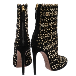 Pre Owned Alaia Black/Gold Lasercut Suede and Patent Leather Studded Ankle Boots Size 40