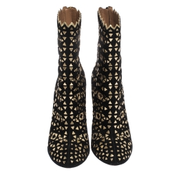 Pre Owned Alaia Black/Gold Lasercut Suede and Patent Leather Studded Ankle Boots Size 40