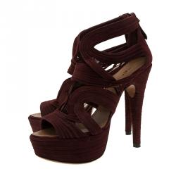 Pre Owned Azzedine Alaia Burgundy Suede Wave Cut Out Platform Sandals Size 39.5