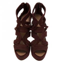 Pre Owned Azzedine Alaia Burgundy Suede Wave Cut Out Platform Sandals Size 39.5