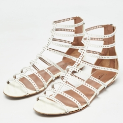 Pre Owned Alaia White Patent Leather Laser Cut Strappy Flat Sandals Size 37