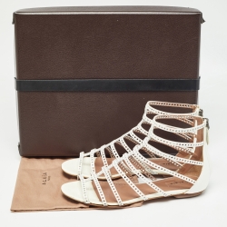 Pre Owned Alaia White Patent Leather Laser Cut Strappy Flat Sandals Size 37
