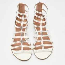 Pre Owned Alaia White Patent Leather Laser Cut Strappy Flat Sandals Size 37
