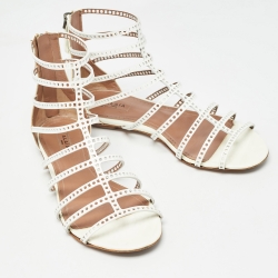 Pre Owned Alaia White Patent Leather Laser Cut Strappy Flat Sandals Size 37
