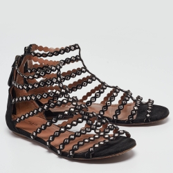 Pre Owned Alaia Black Suede Studded Strappy Flat Sandals Size 37