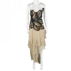 Pre Owned Alberta Ferretti Beige Applique Detail Layered Organdy Embroidered Dress L