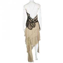 Pre Owned Alberta Ferretti Beige Applique Detail Layered Organdy Embroidered Dress L
