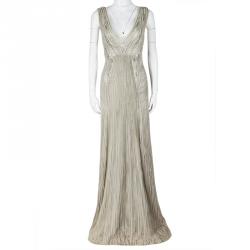 Alberta Ferretti Grey Embellished Crinkled Tulle Sleeveless Gown L