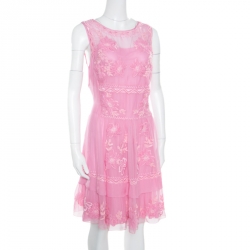 Alberta Ferretti Pink Hand Embroidered Silk Sleeveless Dress L