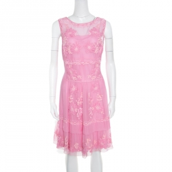 Alberta Ferretti Pink Hand Embroidered Silk Sleeveless Dress L