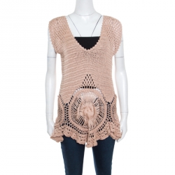 Alberta Ferretti Beige Cotton Open Weave Crochet Sleeveless Flared Top L