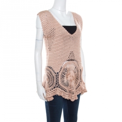 Alberta Ferretti Beige Cotton Open Weave Crochet Sleeveless Flared Top L